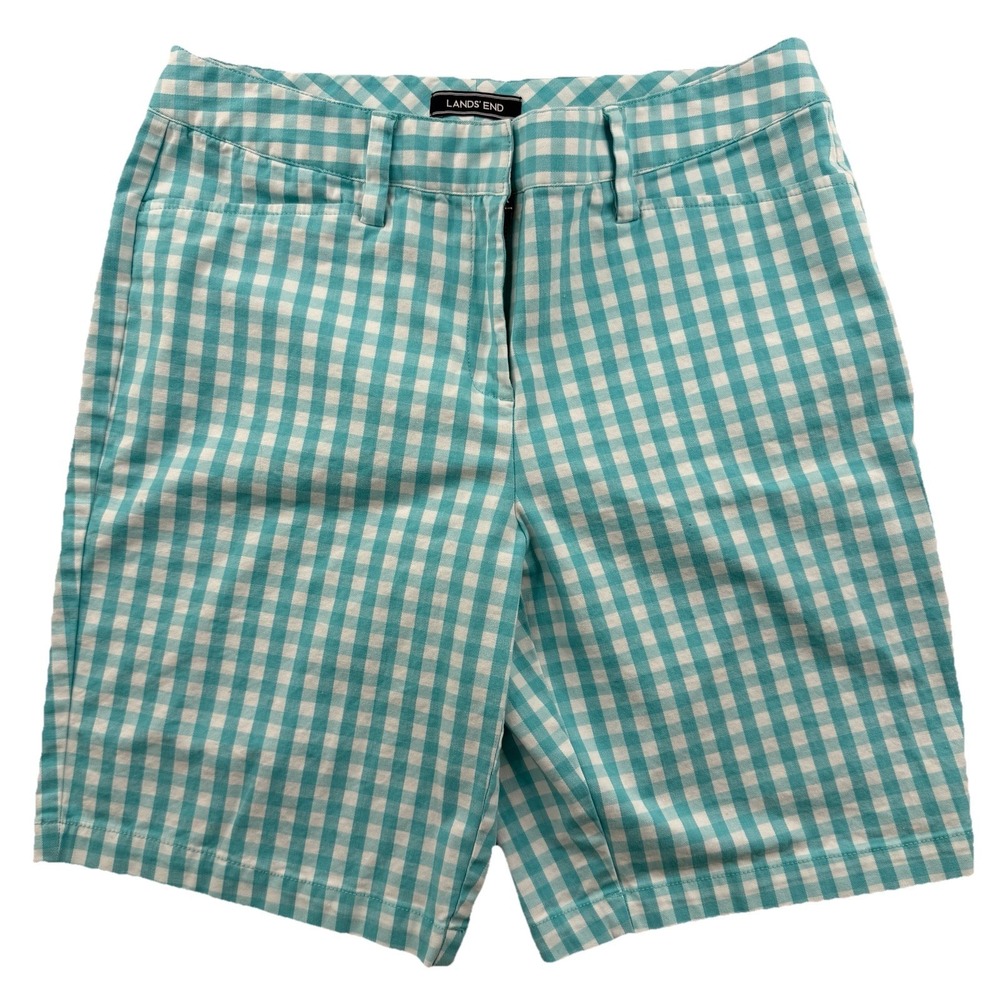Lands' End Aqua White Gingham Check Mid Rise Shorts Size 8